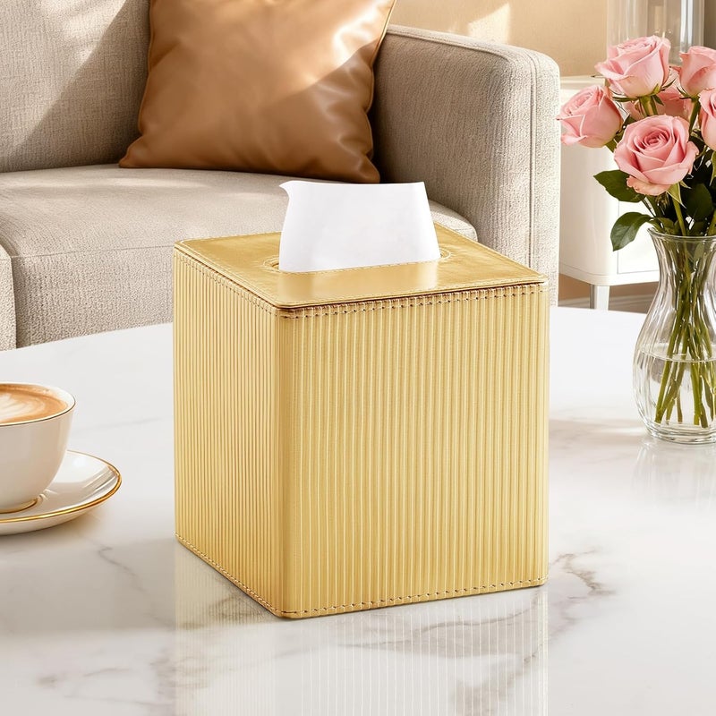 Cretkhp Gold Tissue Box Cover Square with Magnetic Closure, PU Leather Tissue Box Holder for Bathroom NightStands Livingroom, Decorative Modern Square Tissue Holder (Gold) - Image 2